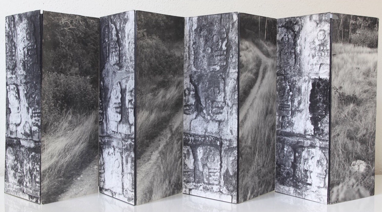 Folded photographic work with alternating images of tree bark and a path through grass